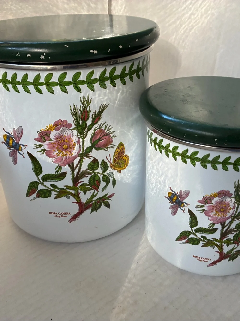 Vtg Portmeirion Metal Covered Canisters Botanic Garden Rosa Canina Dog Rose (2)